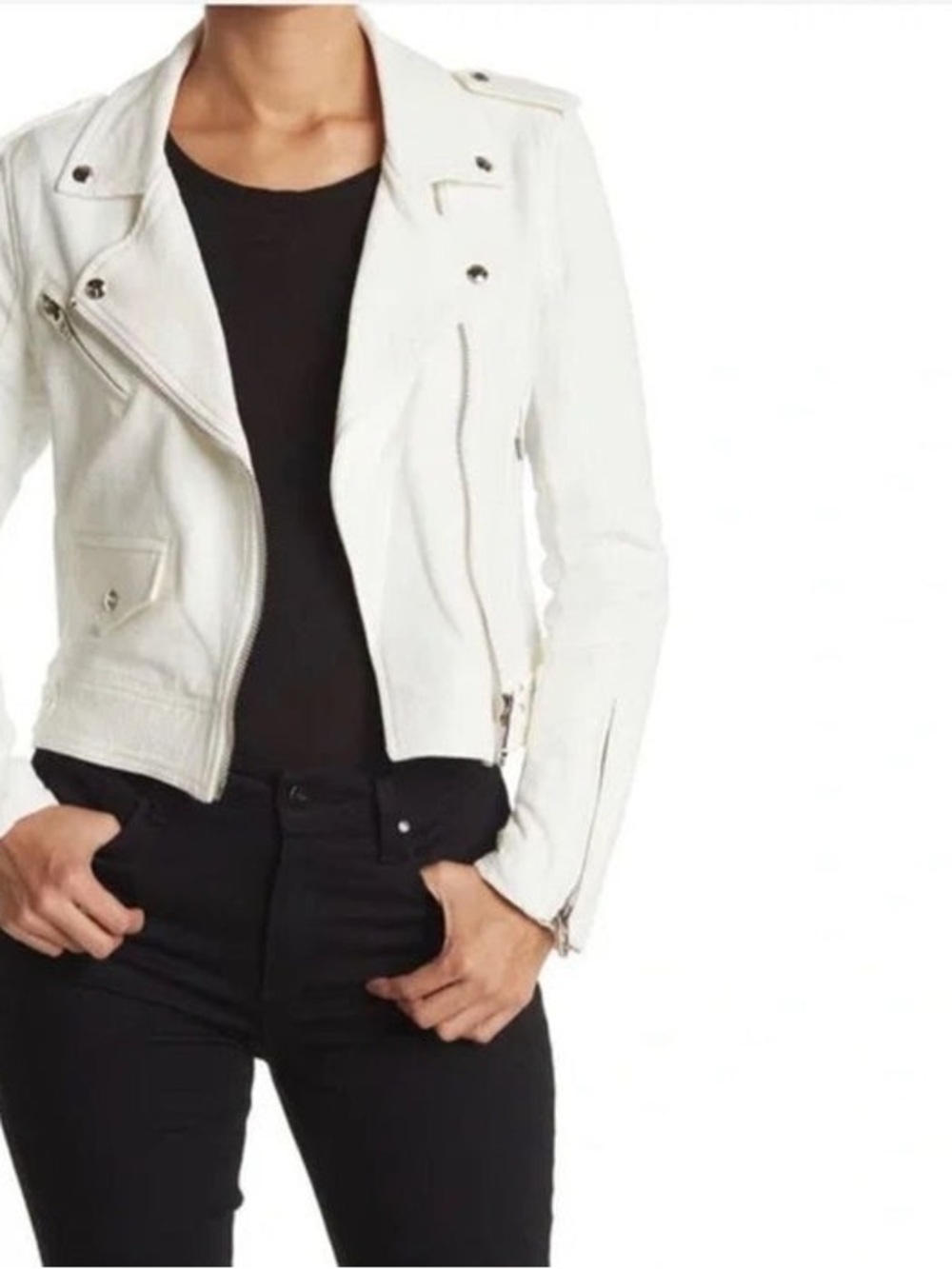 Blank NYC White Crepe Moto Jacket with Silver Hardware